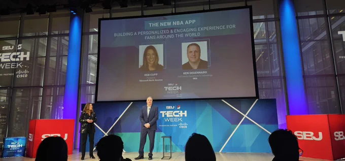 Microsoft's Deb Cupp and the NBA's Ken DeGennaro talk onstage at Sports Business Journal's Tech Week about the Azure-powered NBA app