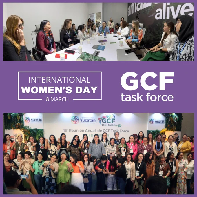 Two photos over a purple background, with 2 white logos at the center of the image. Top Photo: Women leaders of the GCF Task Force meeting at COP27 in Sharm El-Sheikh, Egypt (November 2022). Bottom Photo: Women of the GCF Task Force network at the 13th Annual Meeting in Yucatán, México (February 2023) during the public announcement of the GCF Task Force's Gender Policy, Women for Forests and Climate [photo credit: Pronatura Sur]