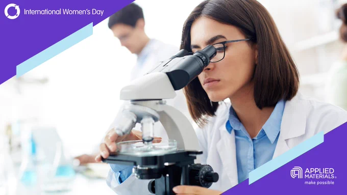 women in a lab coat looking into a microscope in a lab. She has short brown hair and glasses. Purple overlay in the corner of the image with text saying: international women's day and applied materials.