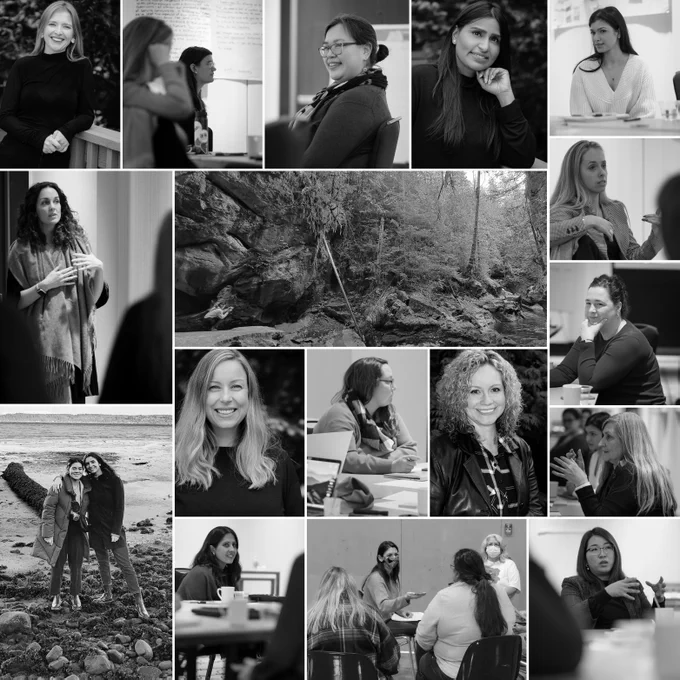 Black and white photo collage of the women who work at Castlemain. Some are headshots and some are action shots in meetings or outside.