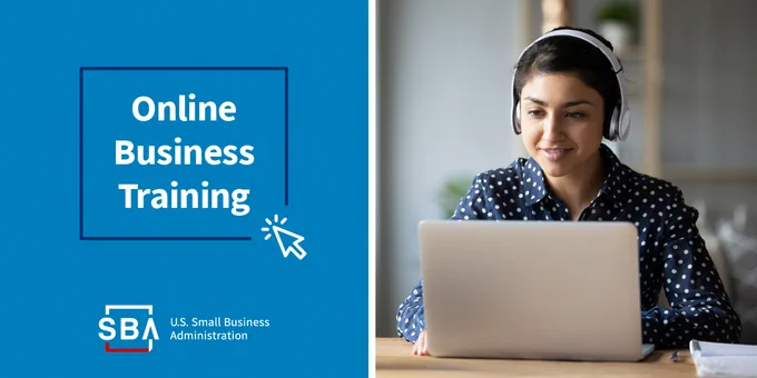 A person with a headset in front of a computer with the following text: online business training. The 
SBA logo is at the bottom