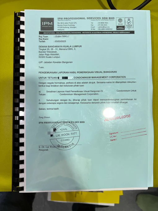 📒 Completed building inspection report of a condominium and submitted to Kuala Lumpur City Hall (DBKL). 🏢🏢🙏🙏

#IPMProfessionalServices #ProfessionalConsultant #BuildingInspection #EngineeringInspection #BuildingAudit #BuildingAssessment #PemeriksaanBangunan #DBKL #MBSJ #MBPJ #MPAJ #MPKj

*****************************
💻 Website: https://ipm.my/
📩 Email: admin@ipm.my
☎ Call: 03-8066 7631 (Selangor/ Kuala Lumpur)
☎ Call: 07-355 5631 (Johor Bahru)
🔗 Facebook: https://www.facebook.com/IPMProfessionalServices/
🔗 LinkedIn: https://www.linkedin.com/company/ipm-professional-services/