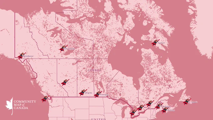 A large-scale view of Canada, which has been turned a pale pink colours while bodies of water have been turned a deeper rosy pink. Provincial capital cities are symbolized by small icons of a female superhero flying with her arm outstretched. 