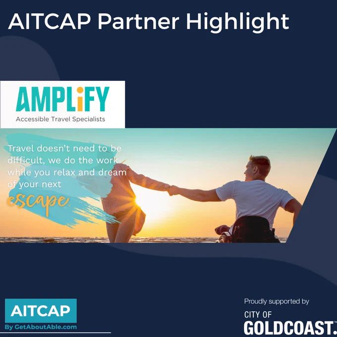 a screen capture of Amplify’s homepage showing a person in a wheelchair and another person next to them, outside and mid-motion moving forwards towards the ocean. 