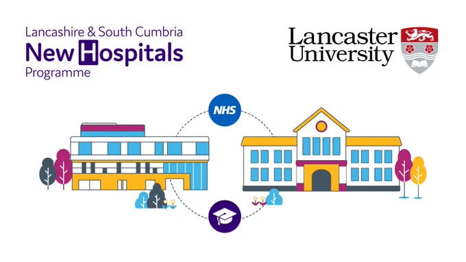 Illustration shows Lancaster University collaborating with the NHS through two respective buildings