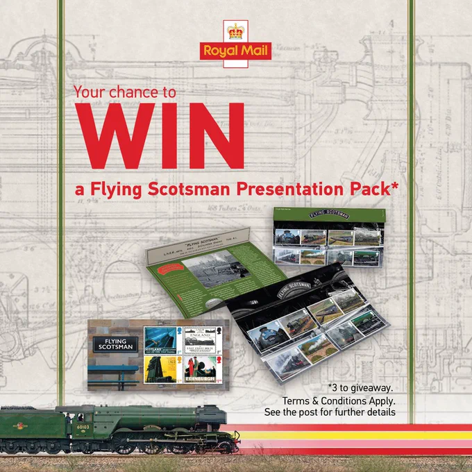 An image with a picture of the Presentation Pack and with the words 'your chance to win a Flying Scotsman Presentation Pack.