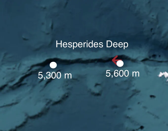 A map showing the depth of the tow basins of the Hesperides Deep (5,300 m and 5,600 m).