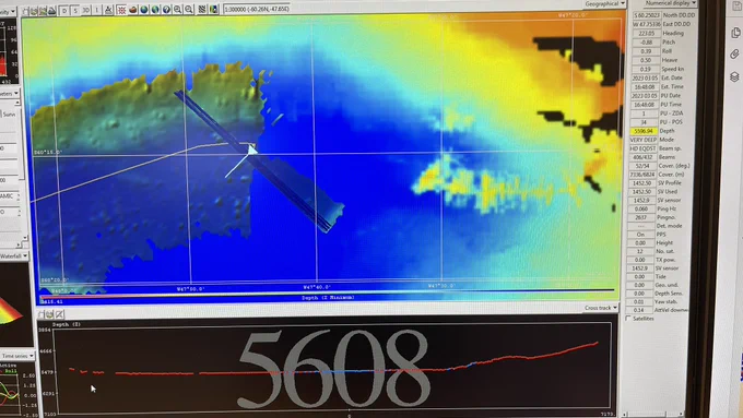 A screen capture of the bathymetry system used to measure ocean depth saying 5608 m