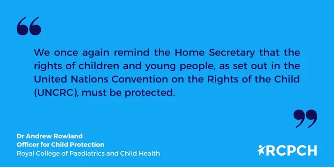 Canva quote card with the text: We once again remind the Home Secretary that the rights of children and young people, as set out in the United Nations Convention on the Rights of the Child (UNCRC), must be protected. 