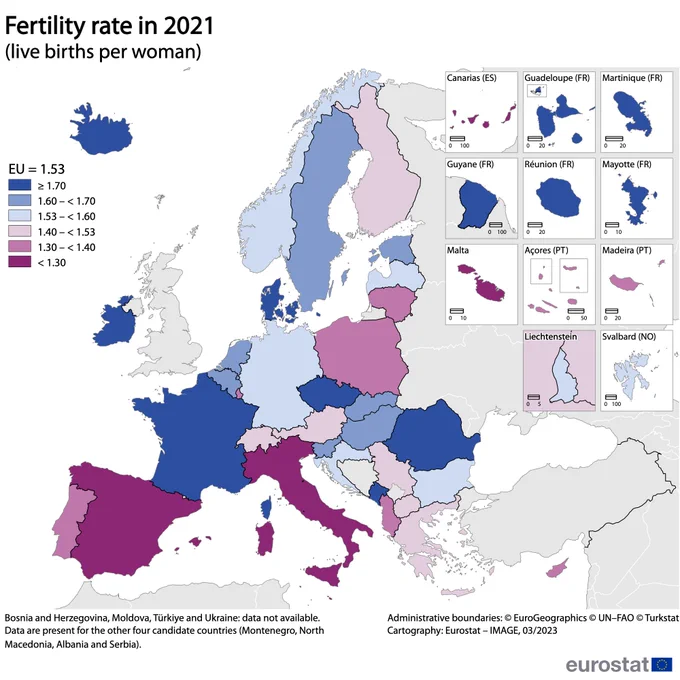 Map, fertility rate in 2021, live births per woman, EU Member States and EFTA