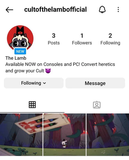 A screenshot of the new Cult of the Lamb account with only one follower :( 