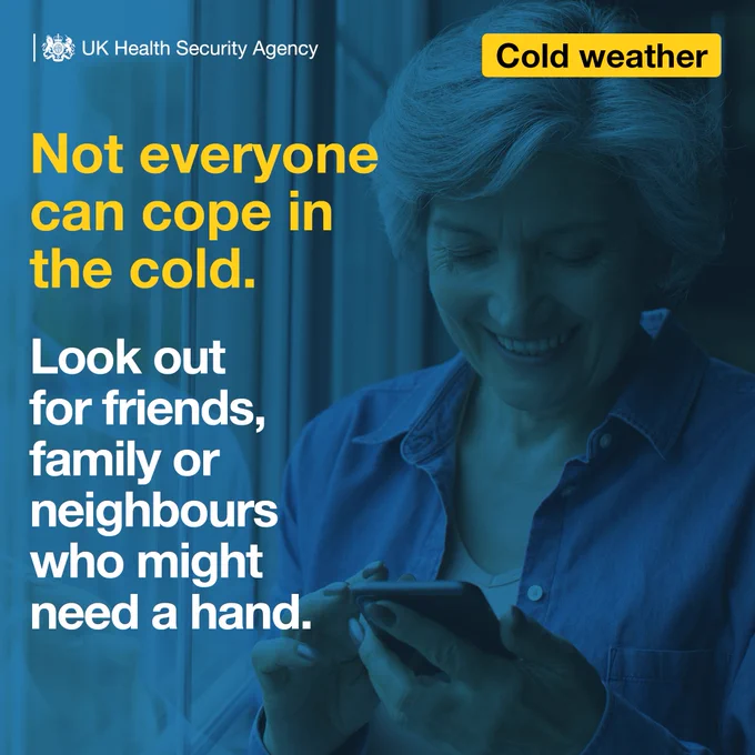 Image of an older woman looking at her phone near a window. Text reads: Not everyone can cope in the cold. Look out for friends, family or neighbours who might need a hand. 