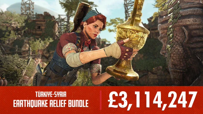 Image of Gracie from Strange Brigade, holding a golden trophy, with a red banner below reading "Türkiye-Syria Earthquake Relief Bundle" and the amount raised "£3,114,247" in bold white distressed text.