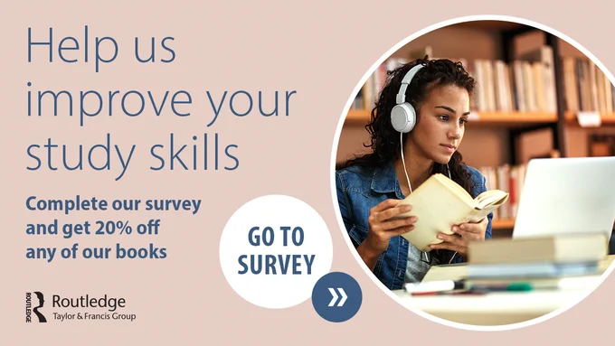 Headline: Help us improve your study skills. Subtitle: Complete our survey and get 20% off any of our books. Sticker: Go to survey. Picture is a woman ready in front of a laptop reading a book. 