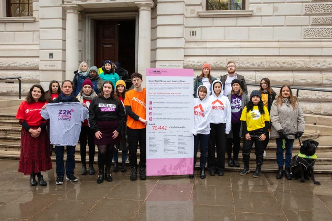 A group photo of a collection of charity representatives wearing a variety of t-shirts, with an oversized letter in the middle to Rishi Sunak, stating how many people have signed the letter.