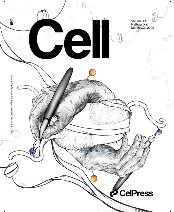 Journal cover inspired by Escher's The drawing hands. Two old wrinkled hands emerge from a nucleosome and write chromatin modifications on the other histones 