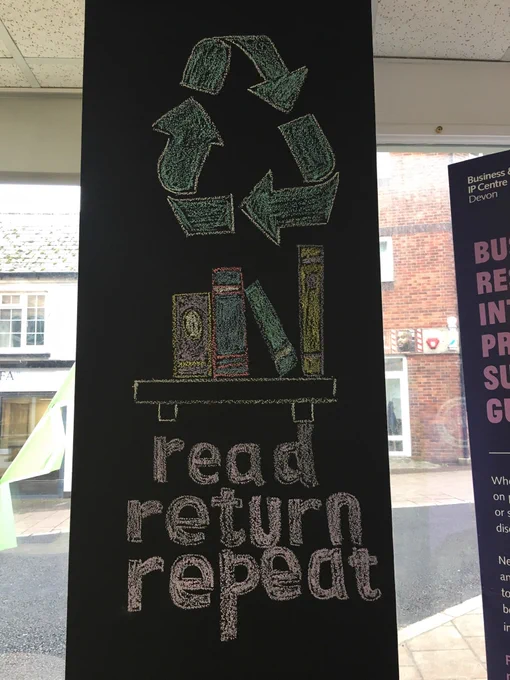 Photo of a blackboard. On it is written Read Return Repeat. There is a picture of a recycling logo and a shelf of books.