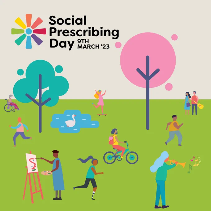 Social Prescribing Day rainbow flower logo in white on beige  background representing the sky and green representing the grass below to form a park scene with rainbow graphics of people doing painting, music, exercise, socialising
