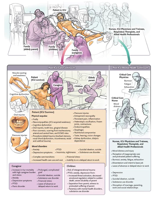 Figure 1. Overview of the ICU Care Continuum Construct for Patients, Family, and the Health Care Team after Critical Illness.
The critical illness episode (patient) and intensive care unit (ICU) experience (family and health care team) are inciting events that propagate a cascade of longer-term, multidimensional physical and mental health consequences that may result in durable disability, compromised health-related quality of life, job disruption or loss, and increased health care utilization and cost over time. These consequences vary for the patient, family, and health care team members. ECMO denotes extracorporeal membrane oxygenation, and PTSD post-traumatic stress disorder.