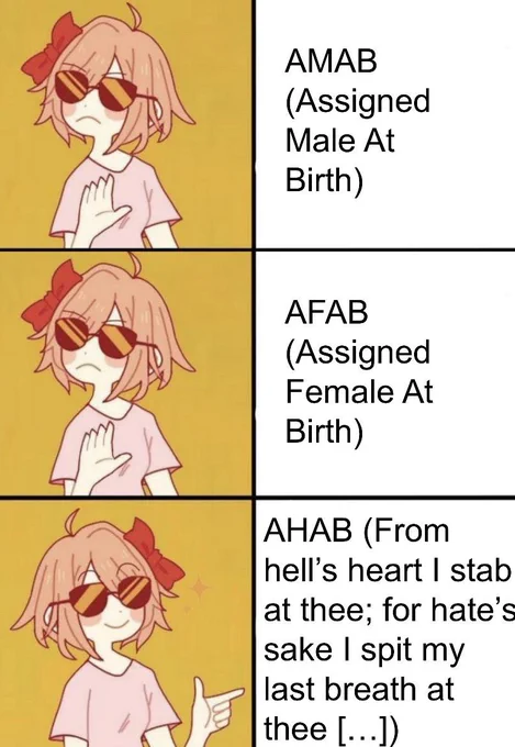             AMAB (Assigned Male At Birth)             AFAB (Assigned Female At Birth)    AHAB (From hell’s heart | stab at thee; for hate’s sake | spit my last breath at thee [...]).