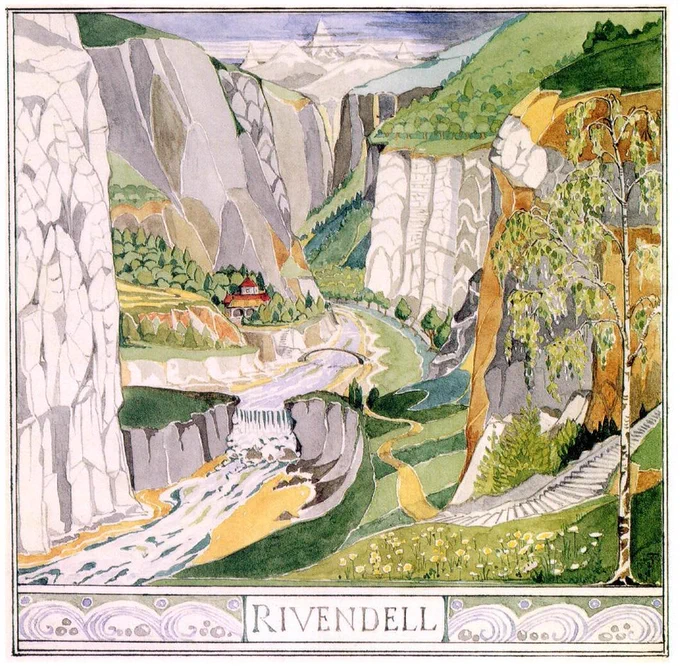 A colored illustration of Rivendell, a valley with lush vegetations and a river running through it. An Elven sanctuary can be seen perching above the river, surrounded by trees.