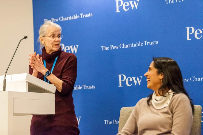 Sue Urahn and Minal Bopiah in conversation at a Pew Charitable Trusts event. 