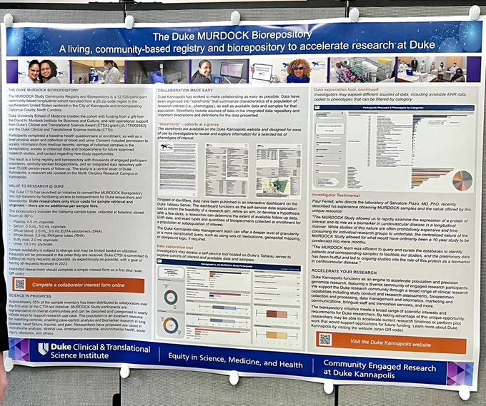 A photo of an academic poster titled The Duke MURDOCK Biorepository - A living, community-based registry and biorepository to accelerate research at Duke.