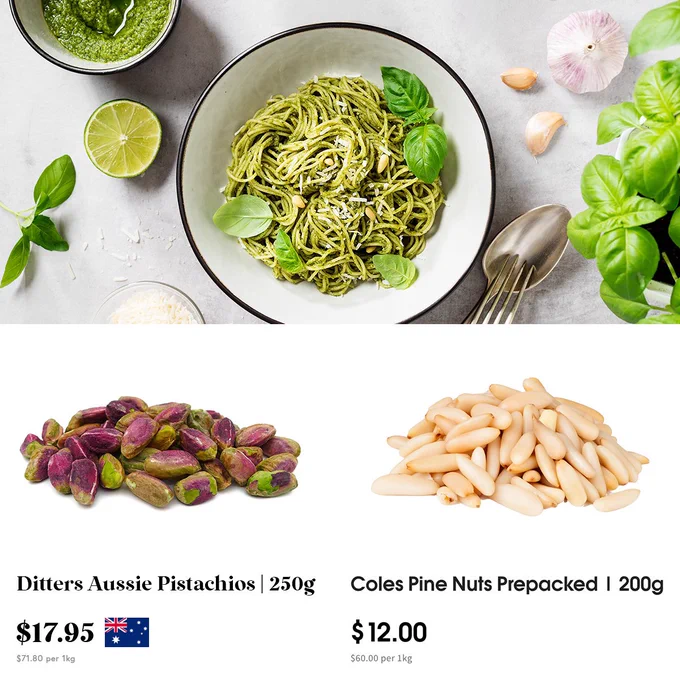 Ditters Australian pistachios compared side by side with coles pine nuts