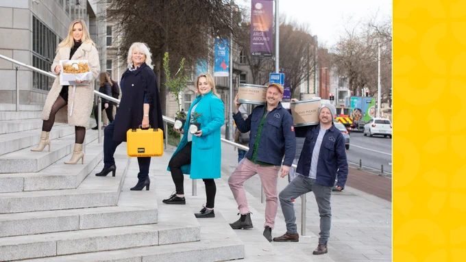 enterprise Week launch photography by Coalesce for use in all online and print media. Five business people with props on steps in Dublin