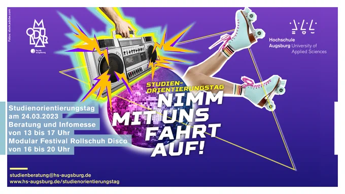 Grafik zum Studienorientierungstag: Discokugel, Beine mit Rollschuhen, Ghettoblaster. Banderole mit Text: Studienorientierungstag am 24.03.2023. Beratung und Infomesse von 13 bis 17 Uhr. Modular Festival Rollschuh Disco von 16 bis 20 Uhr.