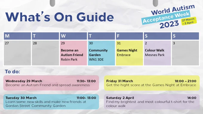 Calendar of events with dates and times