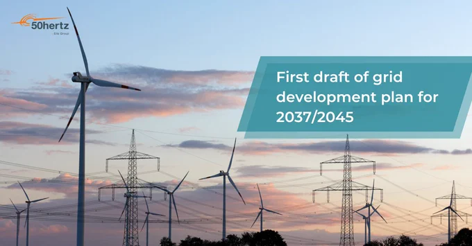 The picture shows several pylons and wind turbines in the evening light.