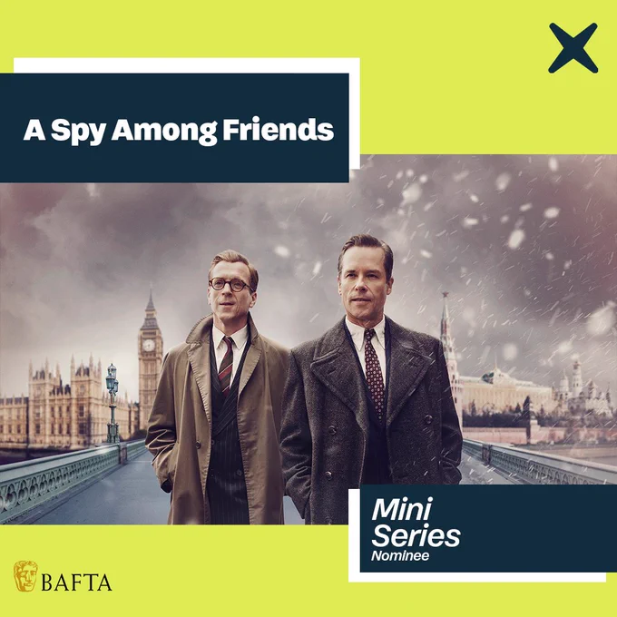 An image of two men walking across a bridge in London with text that reads A Spy Among Friends mini-series nominee