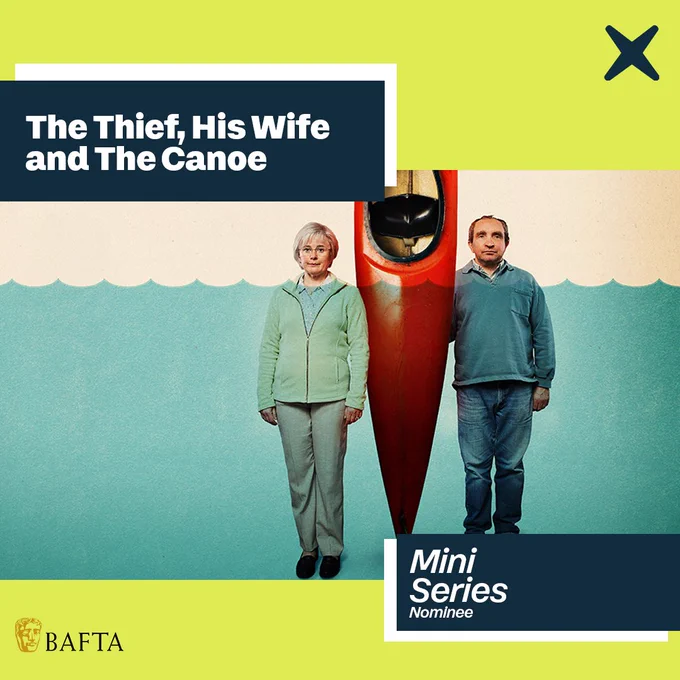 An image of a man and wife standing next to a canoe with text that reads The thief, his wife, and the canoe mini-series nominee
