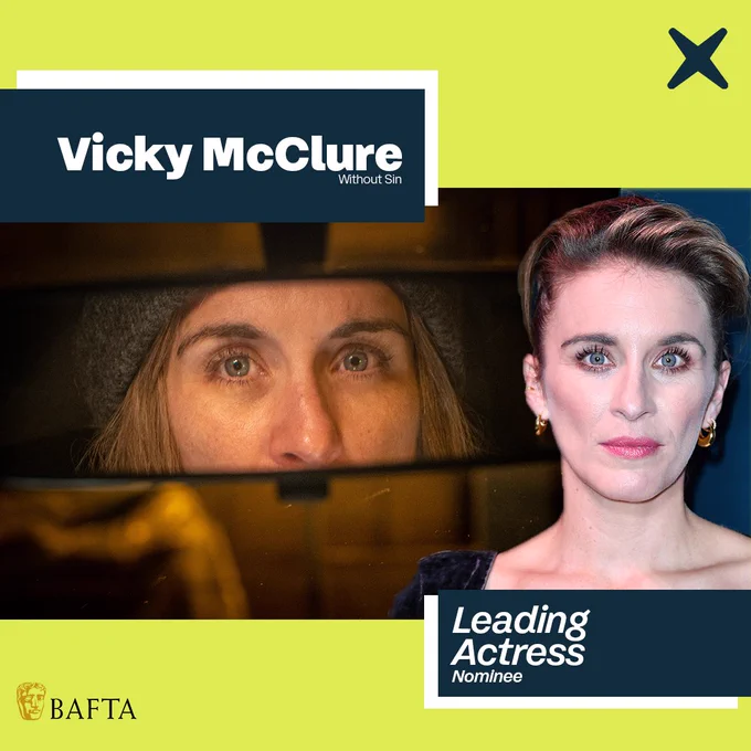 An image of Vicky McClure looking into a car mirror with text that reads leading actress nominee 