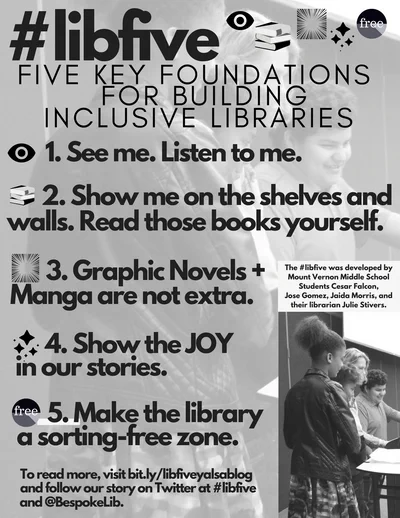 #LibFive: Five Key Foundations for Building Inclusive Libraries.
1. See me. Listen to me.
2. Show me on the shelves and walls. Read those books yourself.
3. Graphic novels and manga are not extra.
4. Show the JOY in our stories.
5. Make the library a sorting-free zone.
