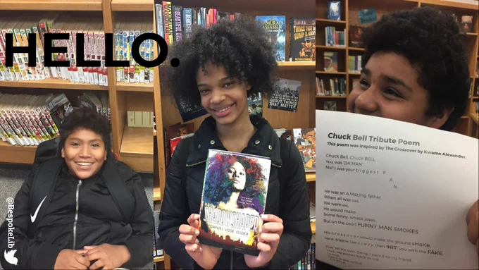 The opening slide for our #LibFive presentation. Cesar smiling in front of manga, Jaida holding up Shadowshaper and Jose holding up a poem he wrote.