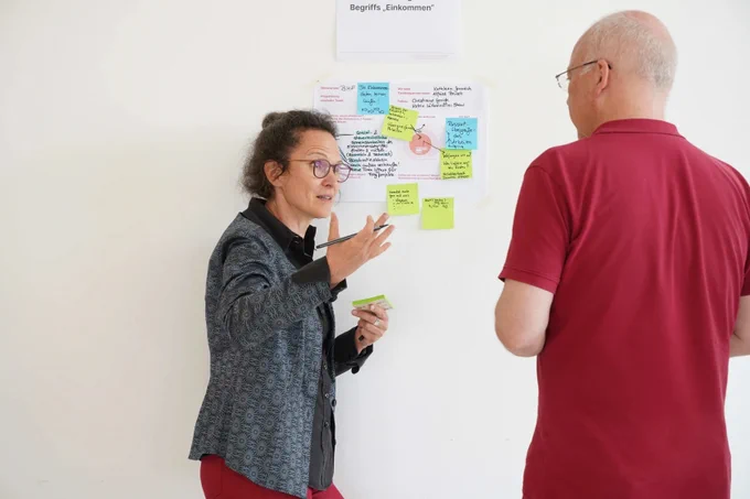 Eine Frau steht vor einer Wand mit vielen Klebenotizen und Zetteln. Sie gestikuliert und erklärt einer weiteren, interessiert zuhörenden Person, etwas. 