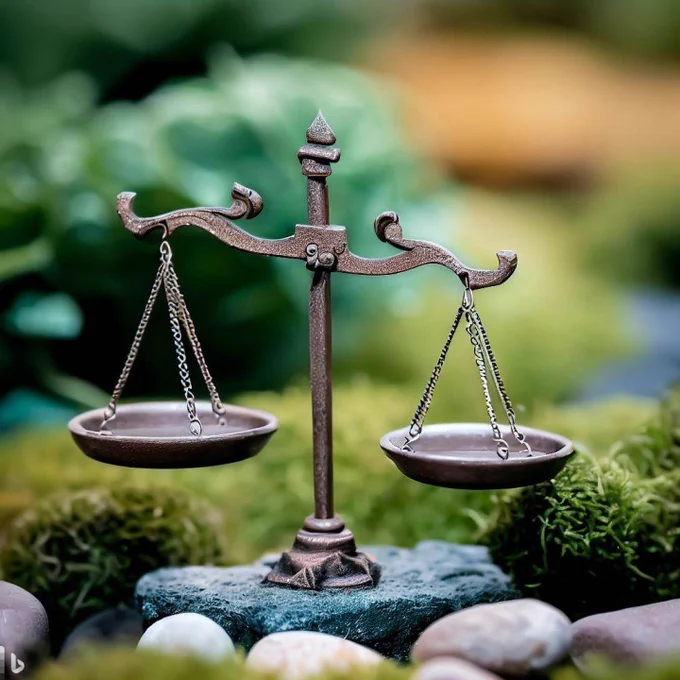 Balancing scales on rocks in a grassy area