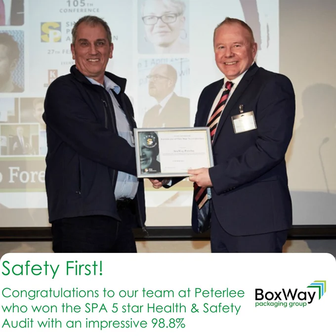 Mark , John and the team at our Peterlee site won the Sheet Plant Association.
5 Star Health and Safety Audit with an impressive 99.8% !!
Mark Barron receiving the award from the Chairman of the SPA, 
Tim Gray on behalf of the Peterlee team. 
