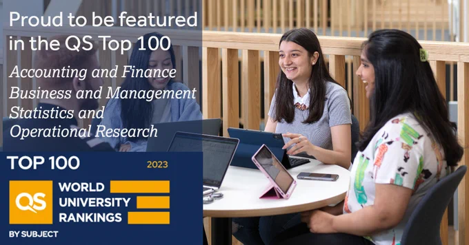 A photograph of five students with the QS world university rankings logo overlaid