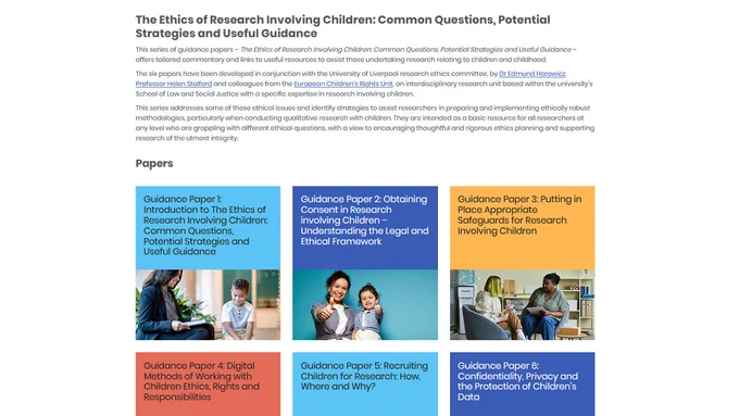 A screenshot of the NCRM webpage containing the six guidance papers of the series The Ethics of Research Involving Children: Common Questions, Potential Strategies and Useful Guidance