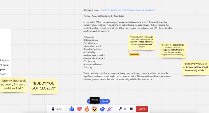 Screenshot of a Miro board in presentation mode, someone uses the "Wow" reaction