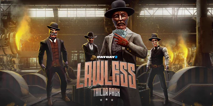 PAYDAY 2 Lawless Tailor Pack, four heisters wearing cowboy themed outfits in what appears to be an oil refining facility.