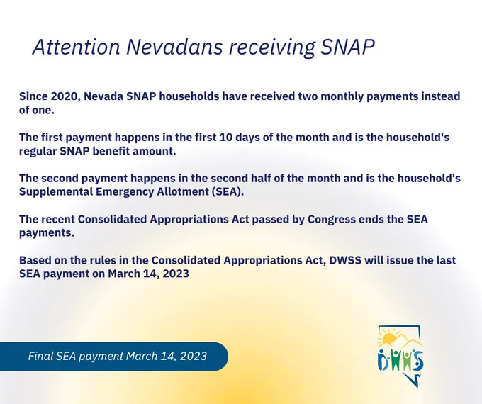 Graphic with the DHHS logo and information on the end of the SNAP Supplemental Emergency Allotment funds from the federal government. The last payment will be issued March 14.