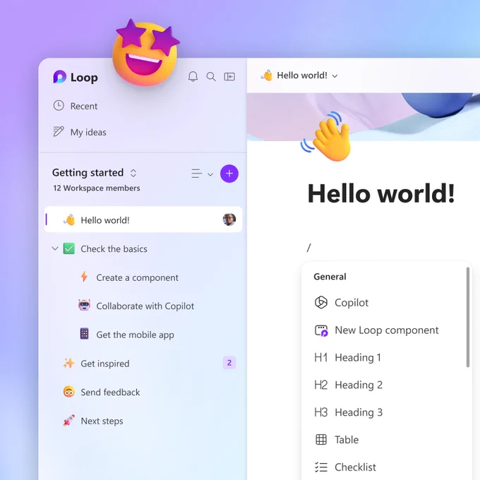 A screenshot of a Loop workspace with a page titled “Hello world!” that shows team members inside the workspace working together.