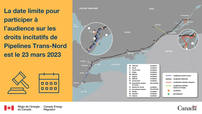 Carte des pipelines transnordiques et informations sur la prochaine audience sur les droits de péage. 
