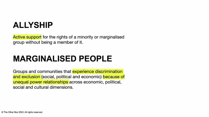 Image providing the definition of 'Allyship' and 'Marginalised People'
