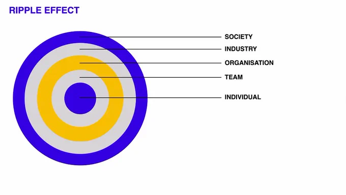 Image of a circle presenting the ripple effect of Allyship, starting with the individual and spreading to Team, Organisation, Industry, and Society. 