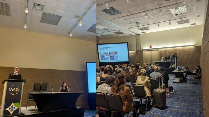 (On the left) Dr. Halpern and Dr. Rotemberg presenting "Photodocumentation in dermatology) at AAD2023
(On the right) Dr. Puig presenting "Advanced Dermoscopy" at AAD2023